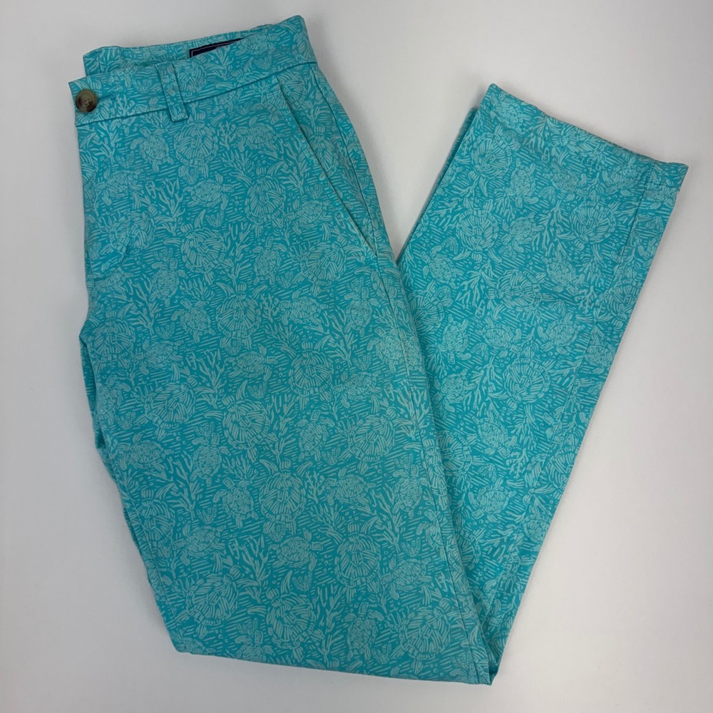 Vineyard Vines Mens 28x30 Breaker Pants Turquoise Sea‎ Turtle Coral Print Chino